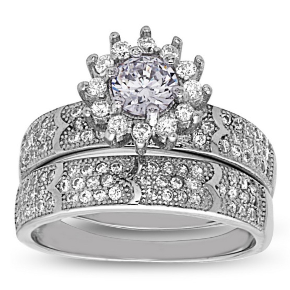 Sterling Silver Wedding Engagement 2 in 1 Set Ring